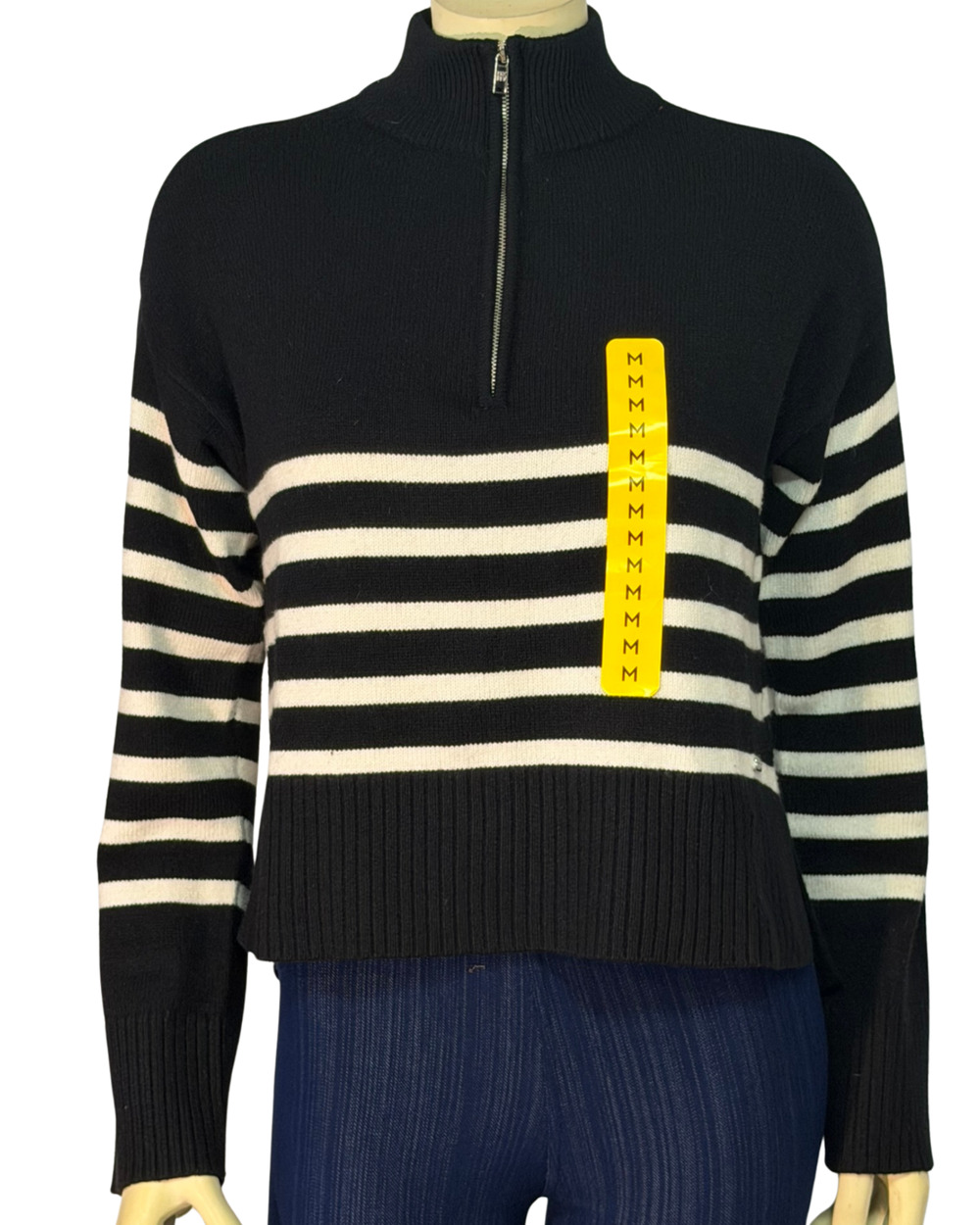DKNY Sz M 1/4 Zip Turtleneck Sweater Cropped Length B&W Stripe Knit Soft New